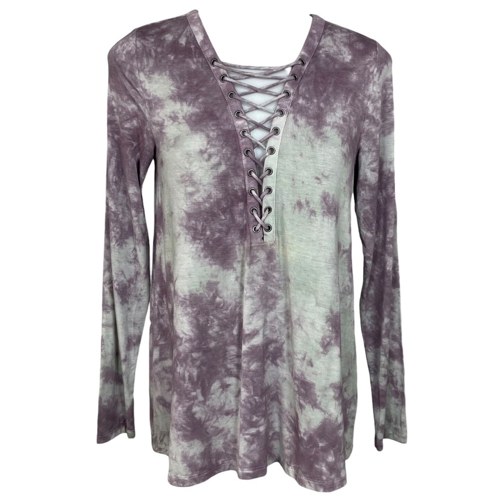 NWT American Eagle Lace-Up Tie Dye Boho Purple Gray Long Sleeve Tunic Top Large